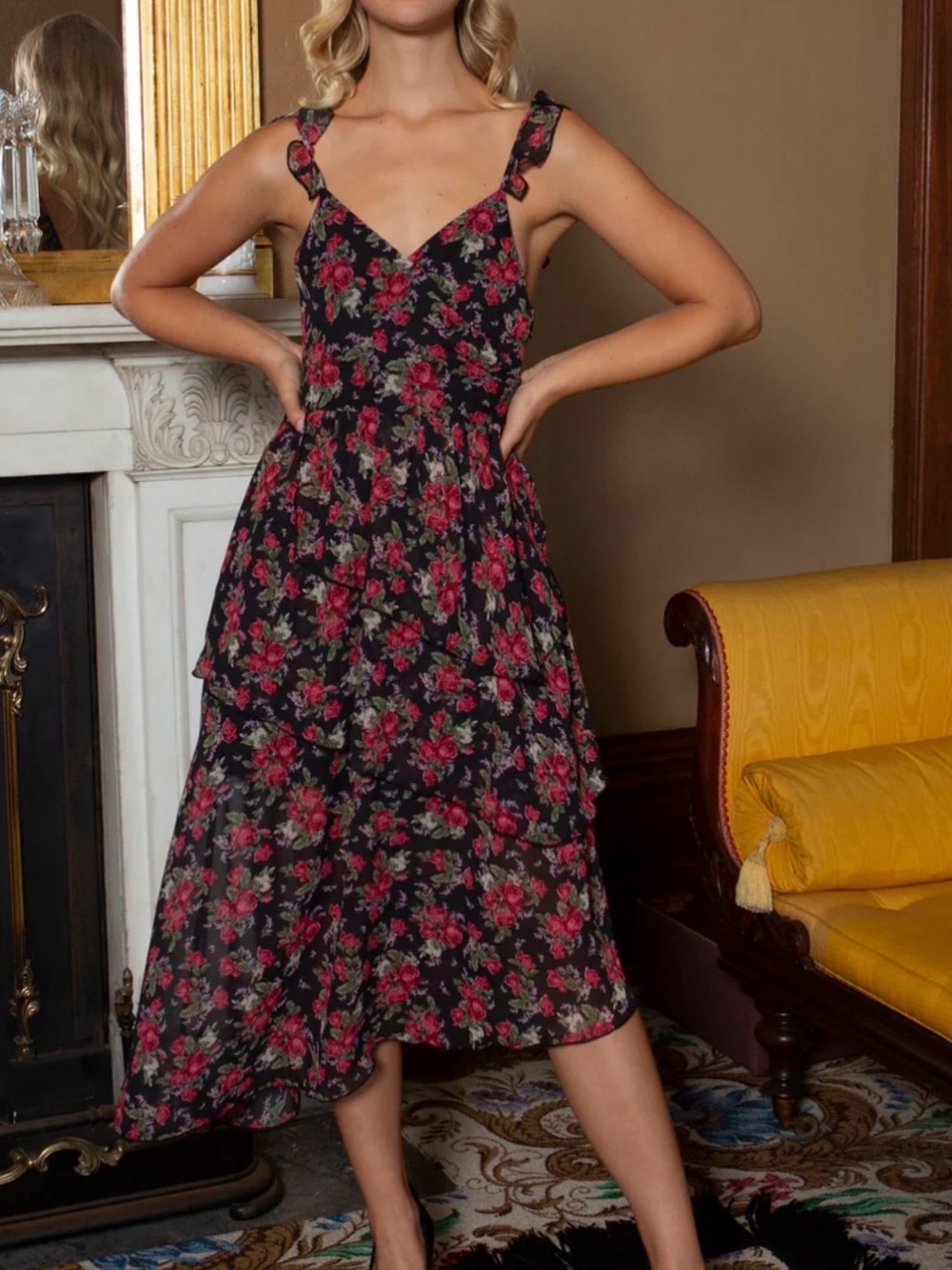 Paris Midi Dress by Bellevue the label - Floral V-Neck Tiered Layered Dress
